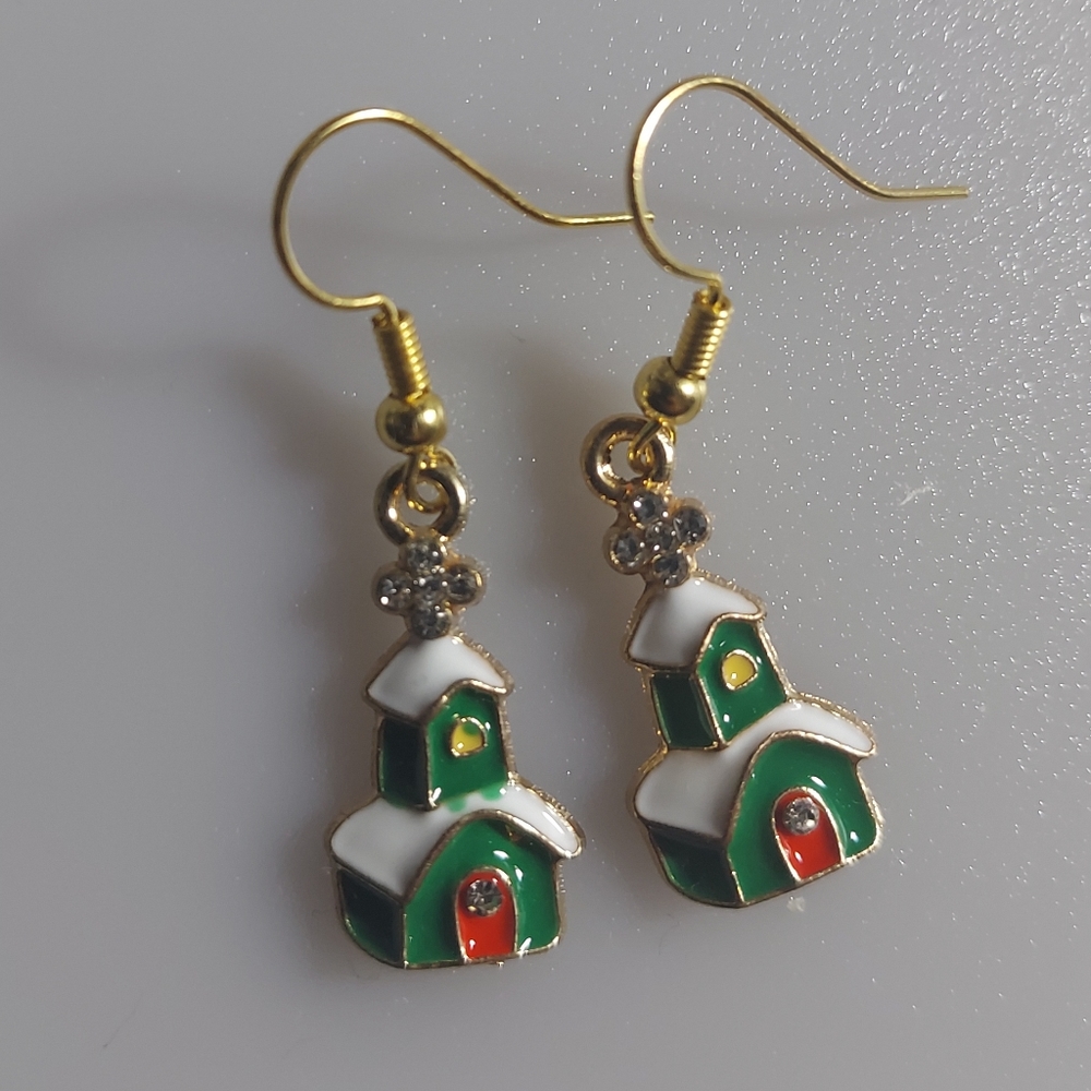 Green Enamel Cute Crystal Christmas House